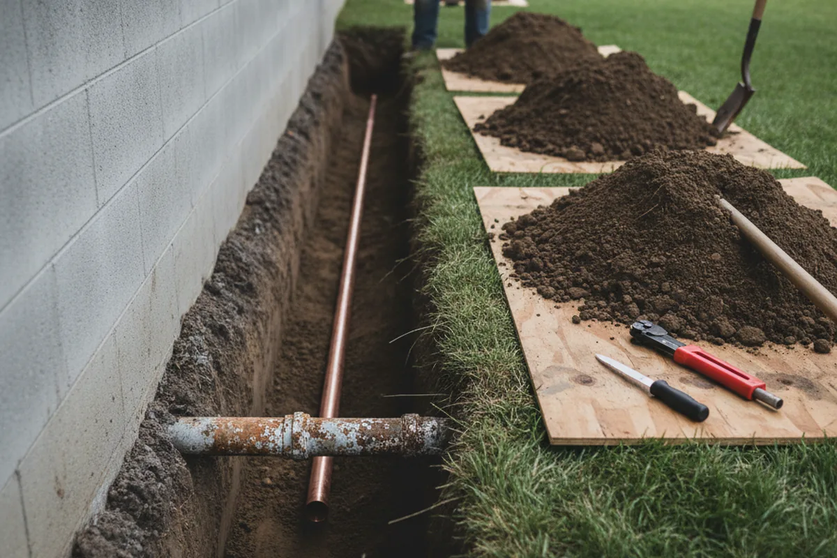 Excavated water line trench during Water Softener Installation in Oologah